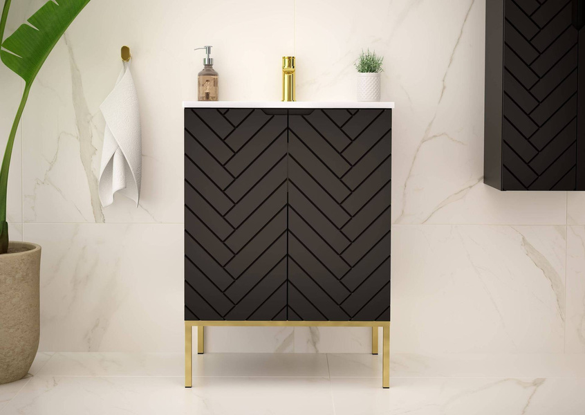 ASPEN-09 - Szafka z Umywalką 2D 60cm Czarny Mat Zestaw-3 Złoty Stelaż