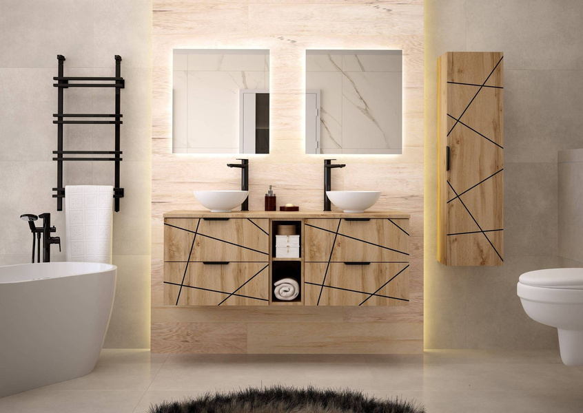 WOOD-02 - Szafka pod Umywalkę z Blatem i Regałem 4S 140cm Dąb Wotan Zestaw-7