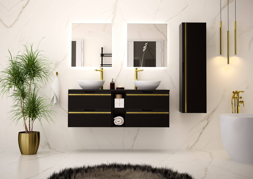 VESPER-02 - Szafka pod Umywalkę z Blatem i Regałem 4S 140cm Czarny Mat Zestaw-7