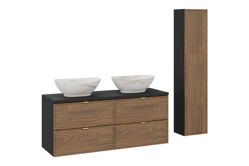 Zestaw Szafka Pod Umywalkę z Blatem 120 cm i 2 Umywalki Nablatowe oraz Słupek Wysoki Talia Casella Czarny Mat