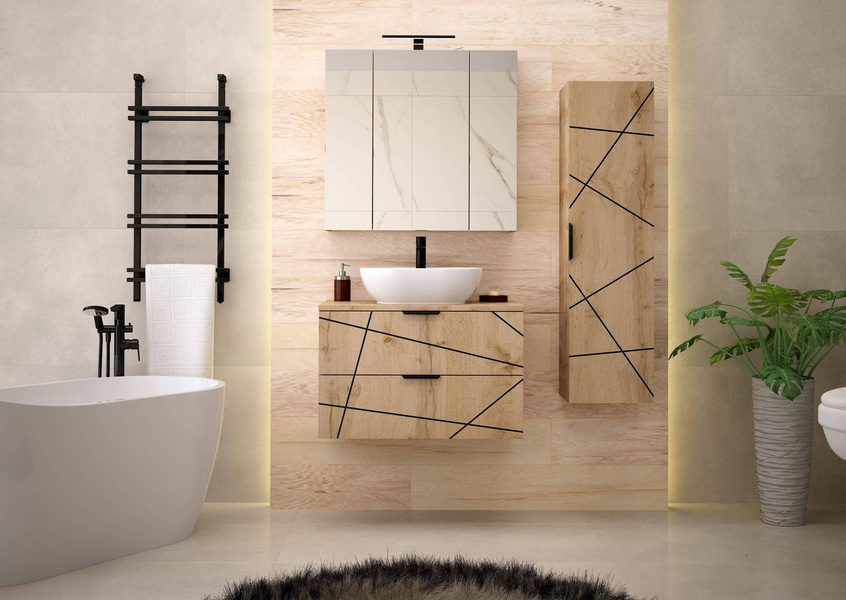 WOOD-01 - Szafka pod Umywalkę z Blatem 2S 80cm Dąb Wotan Zestaw-1