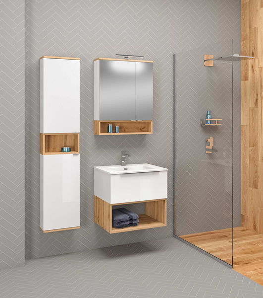 Astor Zestaw Nelle 60 cm Szafka z Umywalką Biały Połysk Dąb Wotan