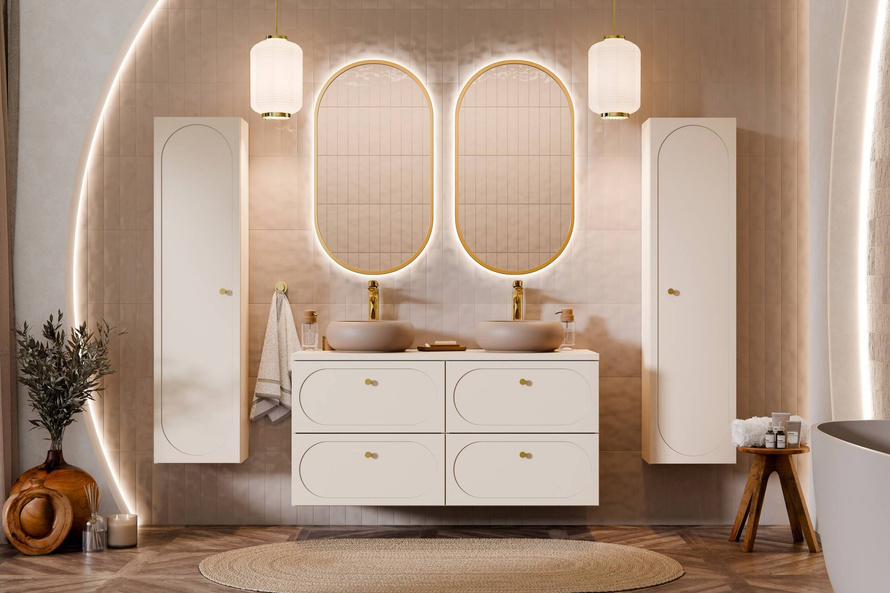 Zestaw Szafka Pod Umywalkę z Blatem 120 cm 4 Szuflady i 2 Umywalki Nablatowe Donna Sand