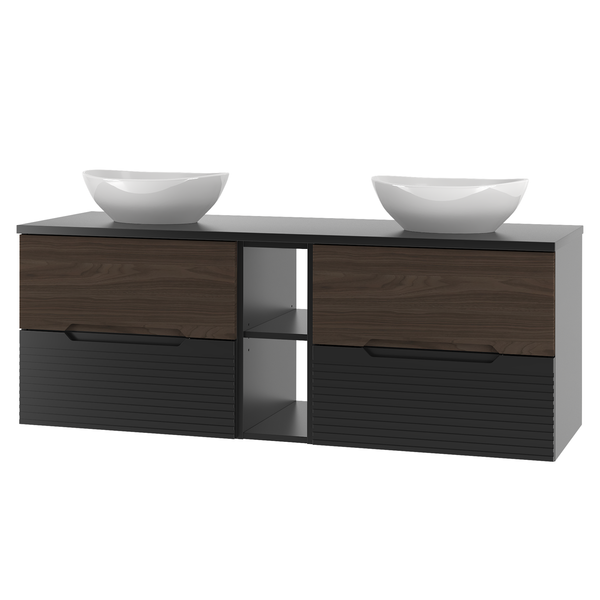 AVELLA-02 - Szafka pod Umywalkę z Blatem i Regałem 4S 140cm Czarny Mat Orzech Zestaw-7