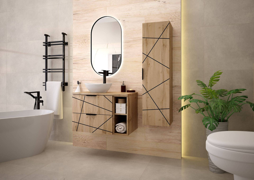 WOOD-02 - Szafka pod Umywalkę z Blatem i Regałem 2S 80cm Dąb Wotan Zestaw-4