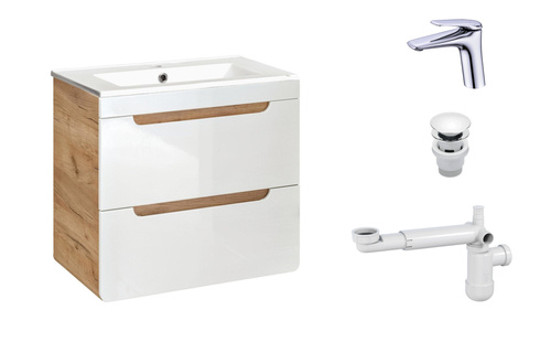 Szafka 60 cm Aruba White z Umywalką, Baterią i Syfonem z Korkiem