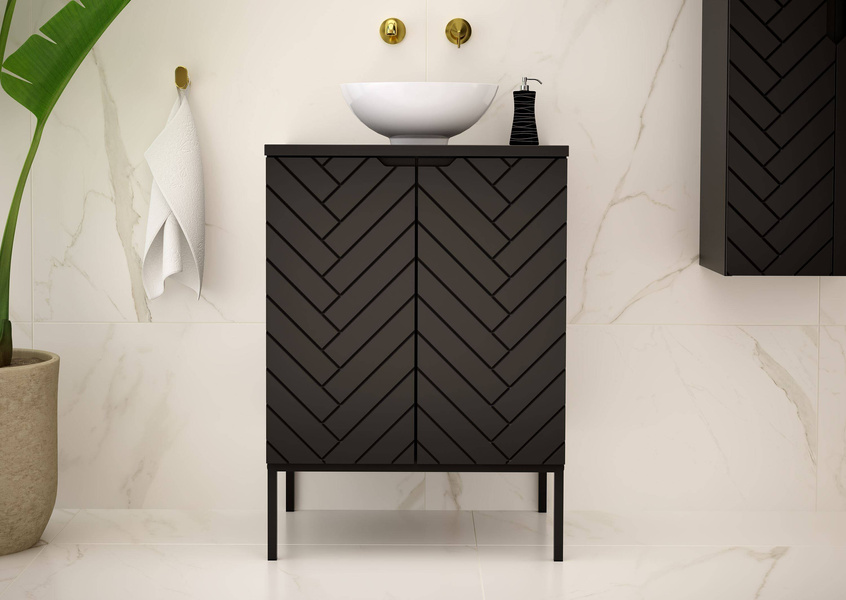 ASPEN-09 - Szafka z Umywalką i Blatem 2D 60cm Czarny Mat Zestaw-2 Czarny Stelaż