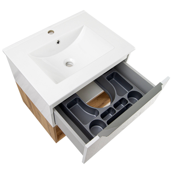 Astor Zestaw Nelle 60 cm Szafka z Umywalką Biały Połysk Dąb Wotan