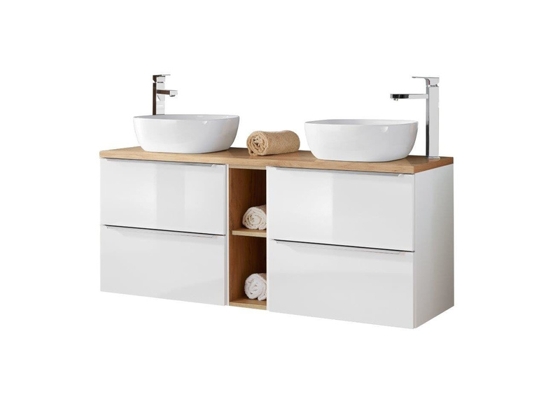 Szafki 60 cm z umywalkami, blatem i szafką niską Capri biały 820 z blatem dębowym